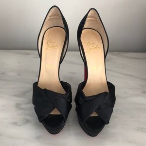 Christian Louboutin black satin peep toe heels